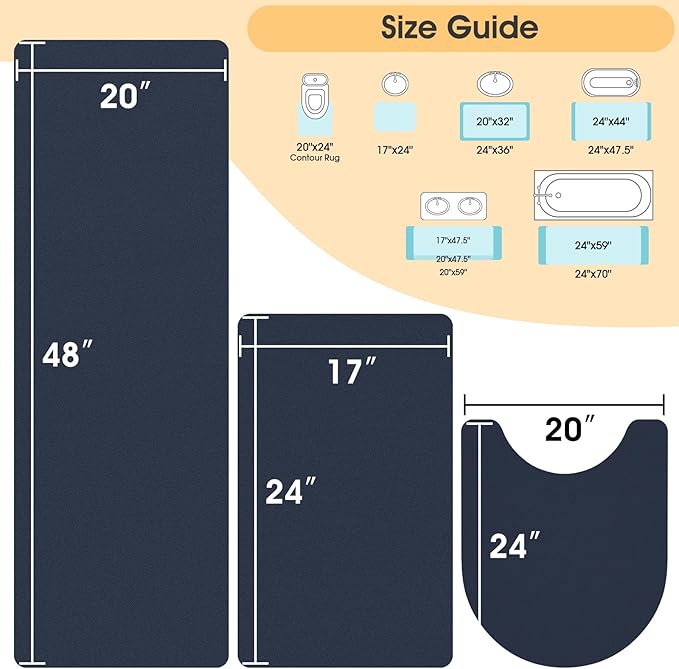 ACCUMTEK Ultra Thin Non-Slip Bath Mat Fit Under Door 3 Piece, Upgrade Backing Non Slip Bath Mat, Quick Dry Ultra Absorbent Bathroom Rugs, Machine Washable Bath Mats for Bathroom, Bathtub & Kitchen