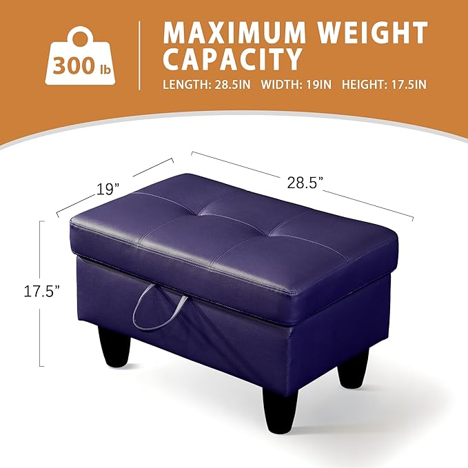 Ottoman Rectangular Storage Ottoman Bench, Faux Leather Footrest, Coffee Table, Stool Footstool with Hinged Lid for Living Room, Bedroom, Entryway, Blue, 28.5"x19"x17.5"