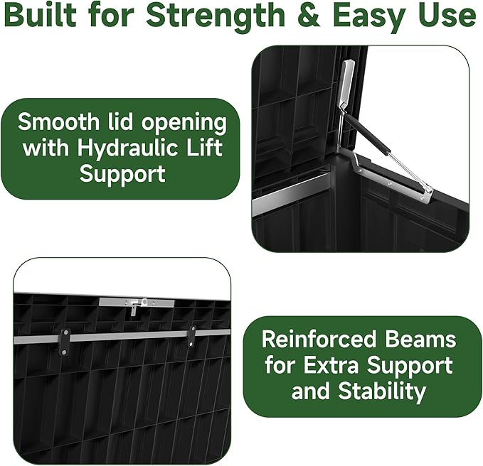 150 Gallon Outdoor Storage Box, Resin Waterproof UV-Resistant Deck Box with Hydraulic Lid Support, Reinforced Stability for Patio, Garden, and Poolside, Striped Black