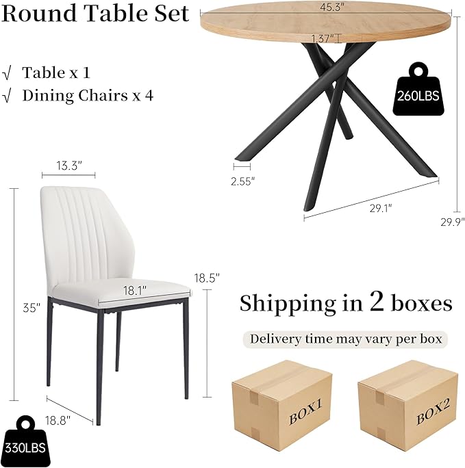 45.3 Inch Round Dining Table Set for 4, Mid Century Modern Small Kitchen Coffee Set for Dining Room Kitchen Apartment (Oak Table + 4 White Chairs)