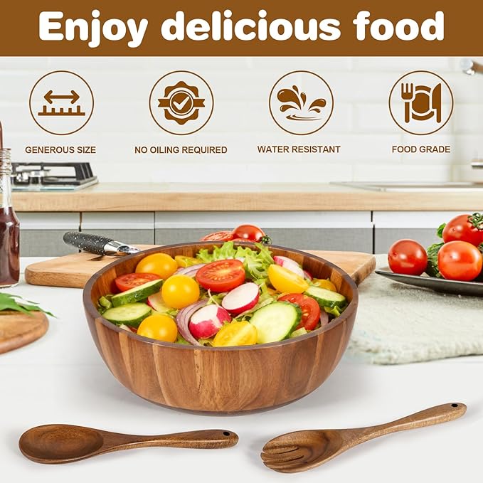 Wooden Salad Bowl Set 11.8 Inch – Acacia Large Wood Salad Bowl with Wooden Serving Utensils, Big Salad Bowls for Fruits, Food Serving & Hosting Family Gatherings