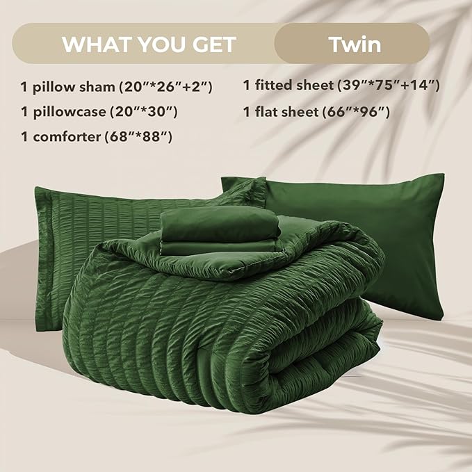 HYMOKEGE Dark Green Twin Comforter Set Seersucker 5 Pieces, All Season Luxury Bed in a Bag Queen for Bedroom, Bedding Set with Comforter, Sheets, Pillowcase & Sham