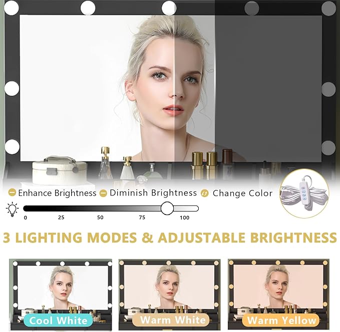 Makeup Vanity Desk with Large Lighted Mirror and Lights, Glass Top Vanity Table Set with 7 Drawers, Power Outlet & Storage Stool, Dressing Table with RGB Ambient Light for Women Girls Bedroom, Black