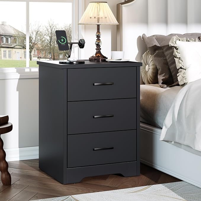 LIDYUK Dresser for Bedroom, Wood Dresser with 3 Drawers, Modern Minimalist Dressers & Chest of Drawers, 21 Inches Tall Side Table Nightstand with Charging Station, for Bedroom, Living Room, Black
