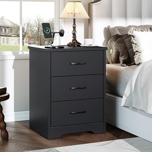 LIDYUK Dresser for Bedroom, Wood Dresser with 3 Drawers, Modern Minimalist Dressers & Chest of Drawers, 21 Inches Tall Side Table Nightstand with Charging Station, for Bedroom, Living Room, Black