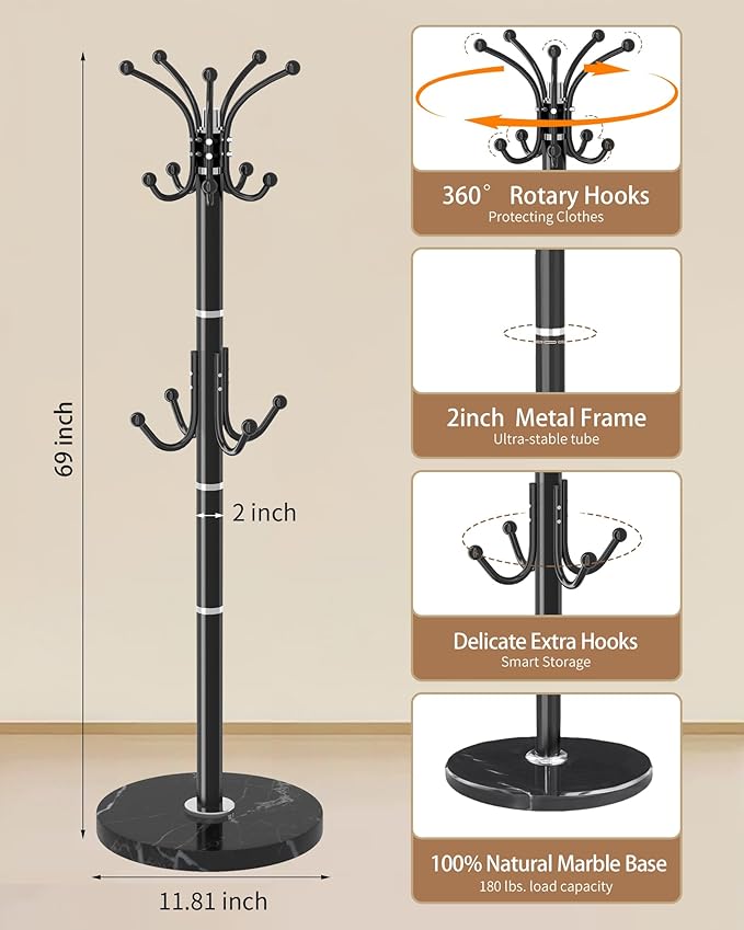 EZIVIEZ Modern Coat Rack Stand, Metal Freestanding Coat Rack with Natural Marble Base, Coat Racks with Umbrella Holder,Coat Hanger Stand with 12 Hooks for Office, Entryway (Black-360° Rotary 14 Hooks)