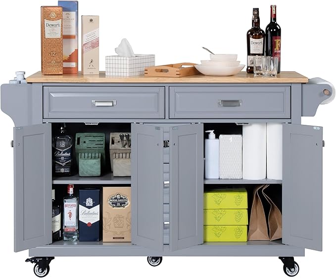 Generic 60.5"" Kitchen Island on Wheels, Rolling Island Table for Kitchen with Double Storage Cabinet and 5 Drawers, Portable Kitchen Cart with Rubber Wood Top, Grey, Large