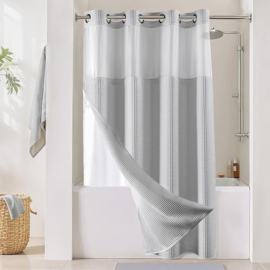 River Dream Lake Wanaka Fabric Shower Curtain Set, Cotton Blend, Waffle Weave, with Snap in Replacement Liner，54 x 80 inches