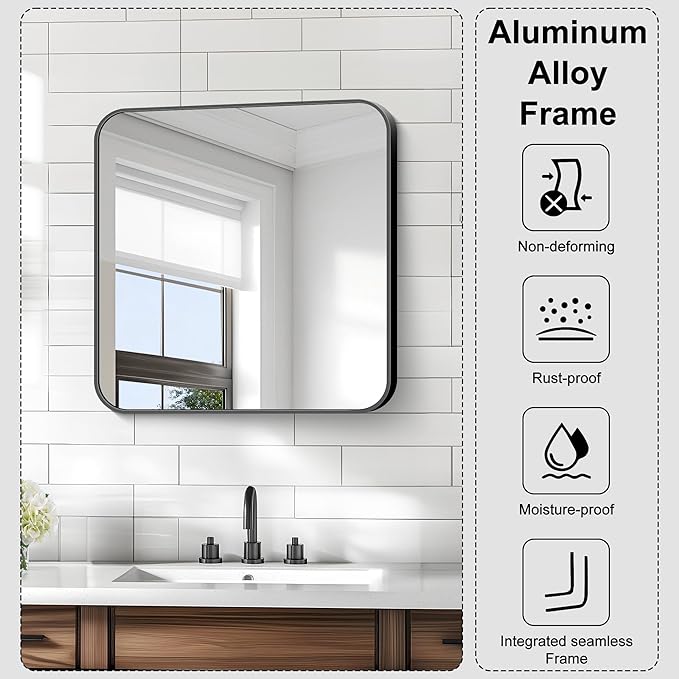 KOCUUY Square Bathroom Mirror, 24"x24" Black Rectangle Vanity Mirror, Black Metal Frame Mirror with Rounded Corner for Bathroom, Bedroom, Living Room, Entryway