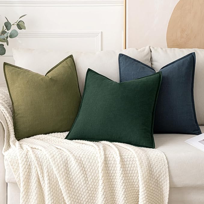 MIULEE Decorative Linen Euro Sham Pillow Covers 24x24 Dark Green Boho Farmhouse Neutral Couch Throw Pillows for Bed Pack of 2 Accent Modern Pillowcase Sofa Livingroom Home Decor