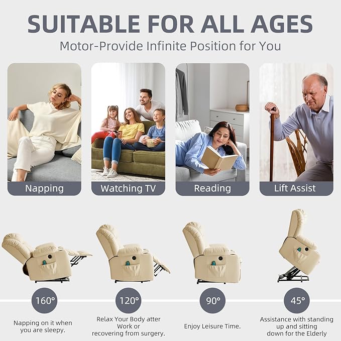 Power Lift Recliner Chair for Elderly, Electric Recliner Chairs for Adults with Massage and Heat, Cup Holders, Remote Control, USB Ports, Side Pockets, Leather (Cream)