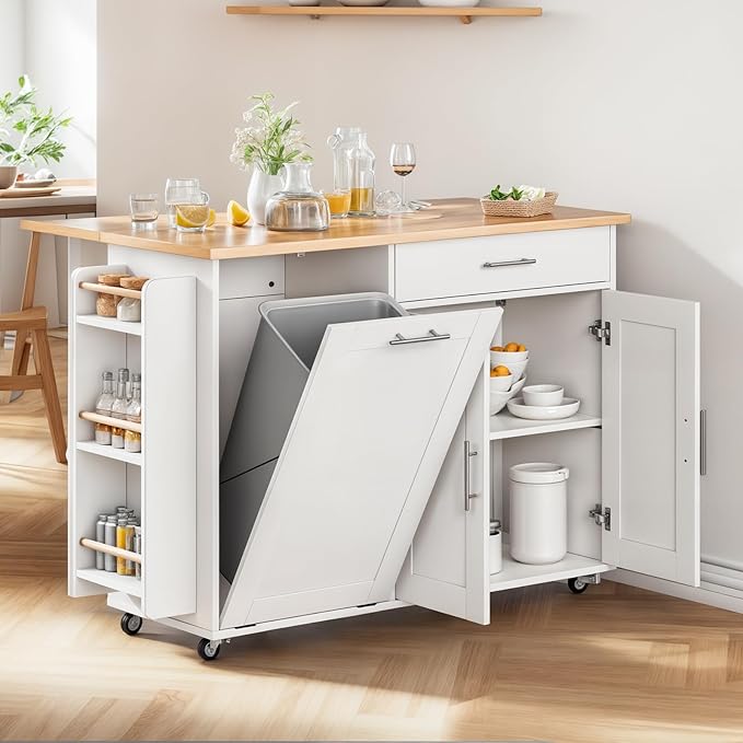 Kitchen Island with Storage & Drop Leaf- Rolling Island Cart with Wheels, Rubberwood Top, Trash Bin Cabinet & Towel Rack, White Farmhouse Style Island Table for Kitchen