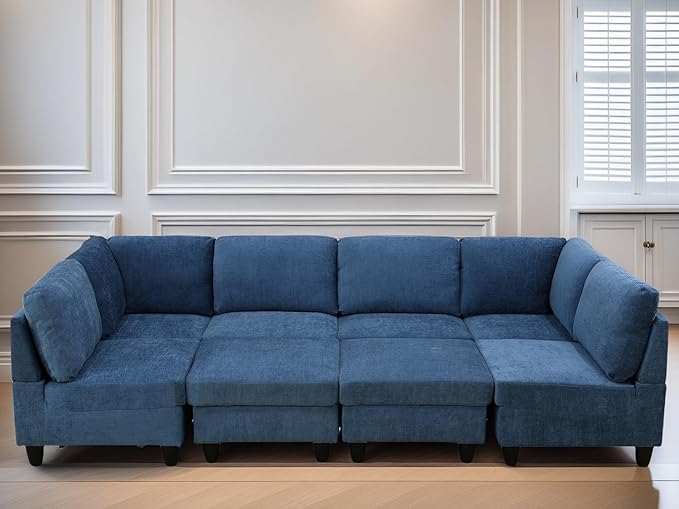 U Shaped Sectional Couch, Convertible Modular Sectional Sofa with Ottomans, 8 Seat Comfy Corner U Shaped Couch Lounge Modern Modular Couches for Living Room Apartment, Blue