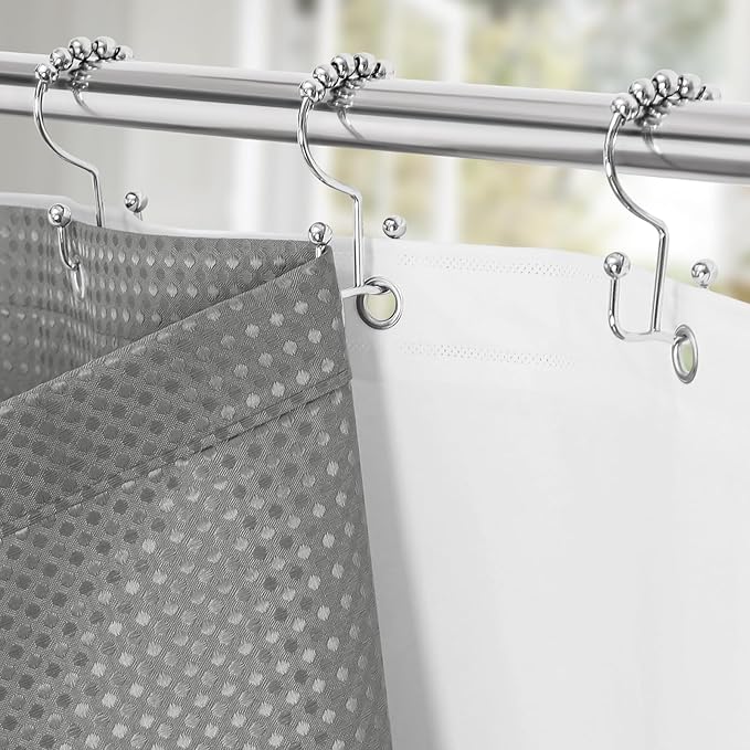 3 in 1 Shower Curtain Set, Grey Waffle Shower Curtain and PEVA Liner Set with 12 Stainless Steel Shower Curtain Hooks, Gray Waterproof Fabric Shower Curtains for Bathroom, 72 W x 72 H