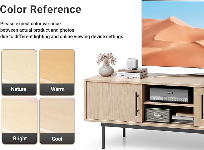 Claiks Mid Century Modern TV Stand for TV up to 70 inch, Entertainment Center with Sliding Barn Doors & Adjustable Shelve, Retro Low Profile Media Console TV Table for Living Room, Natural Oak