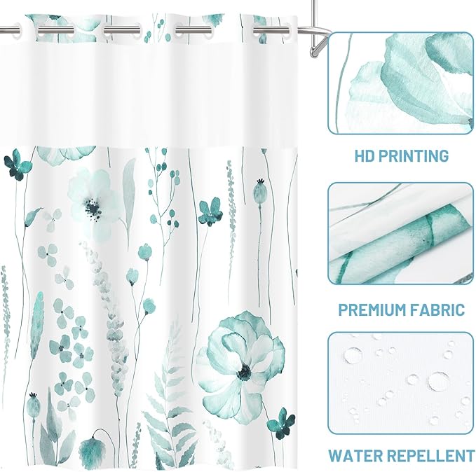 No Hook Shower Curtain with Snap in Liner - Floral Shower Curtain - Fabric Waterproof Inner Liner, Plants Watercolor Seaweed Green Modern Cloth Shower Curtains - Machine Washable, 71 x 74