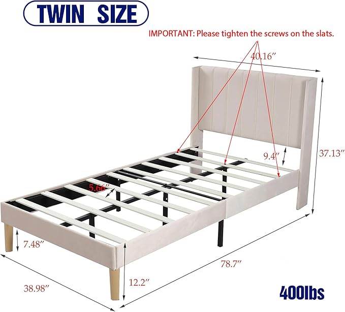 Upholstered Platform Twin Size Bed Frame with Headboard Wooden Slats Support No Noise Easy Assembly Beige Velvet
