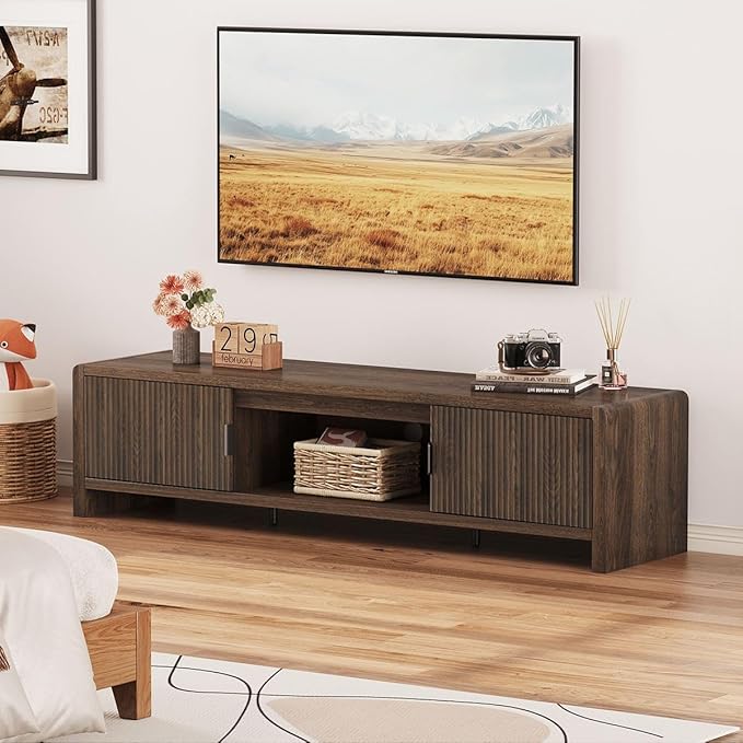 FATORRI TV Stand for 75/65/55 Inch TVs, Mid Century Modern Entertainment Center with Storage, Wood Waveform Fluted-Door Television Media Console for Living Room, Bedroom (63 Inch W, Dark Walnut)
