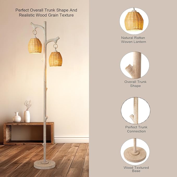 68" High Farmhouse Rustic Country Cottage Floor Lamp Tree Trunk Faux Wood Column White Washed Wicker Drum Shade Decor for Living Room Bedroom Reading Room