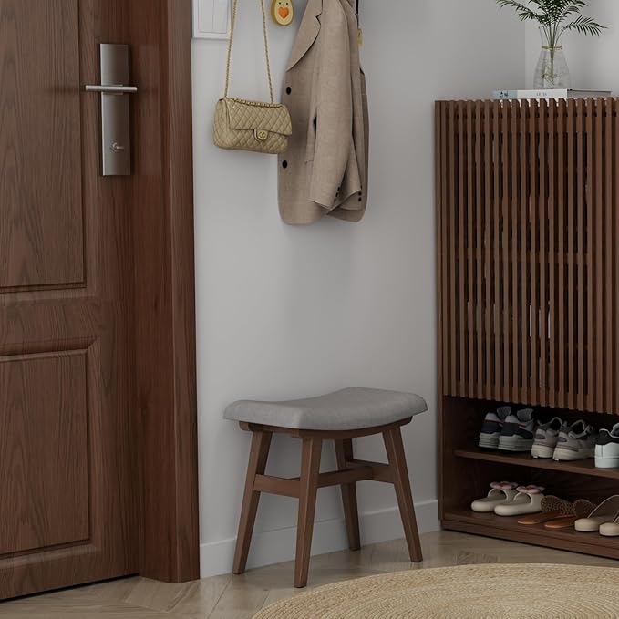 Solid Wood Small Vanity Stool, Compact Makeup Chair with Saddle Cushion, Linen-Covered High Rebound Sponge Seat, Easy Assembly Footstool for Bedroom, Entryway, Home, Walnut