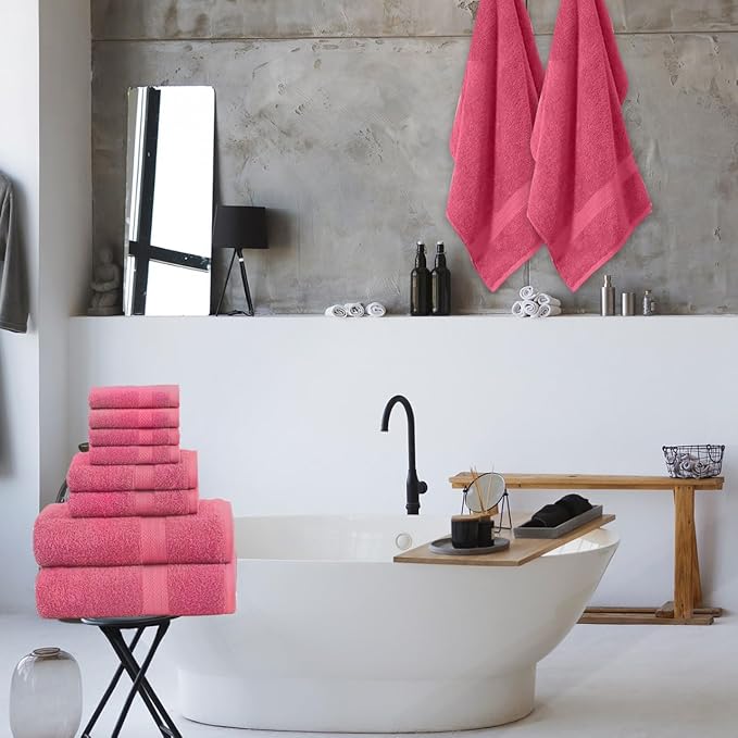 Pack of 8 Towels Set, 2 Large Bath Towels, 2 Hand Towels, 4 Wash Cloths, 100% Cotton, Lighter Weight, Quicker to Dry, Super Absorbent, Perfect for Bathroom (Pink)