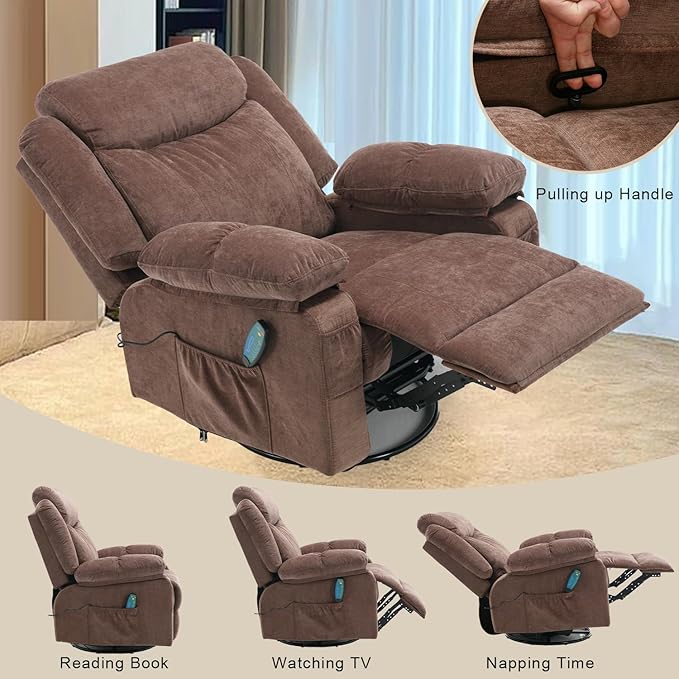 Overstuffed Rocker Recliner Chair with Massage and Heat, Oversized Reclining Swivel Single Sofa, Fabric Rocking Manual Home Theater Recliners Lounge Chairs for Adults Living Room