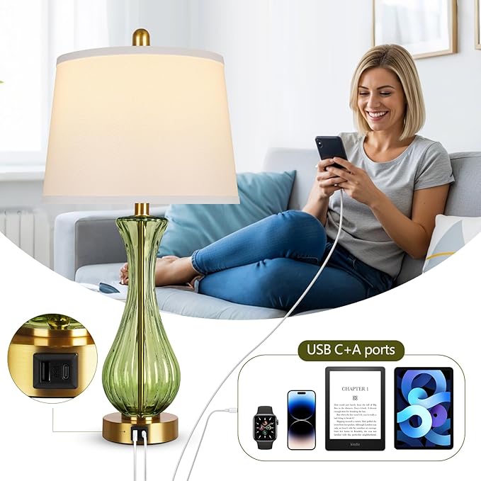 27.5" Coastal Glass Table Lamp Set of 2, 3-Way Dimmable Full Touch Control Beach Lamp with USB A+C Port, Green Glass Nautical Bedside Lamp with White Shade for Living Room Bedroom(LED Bulbs Included)