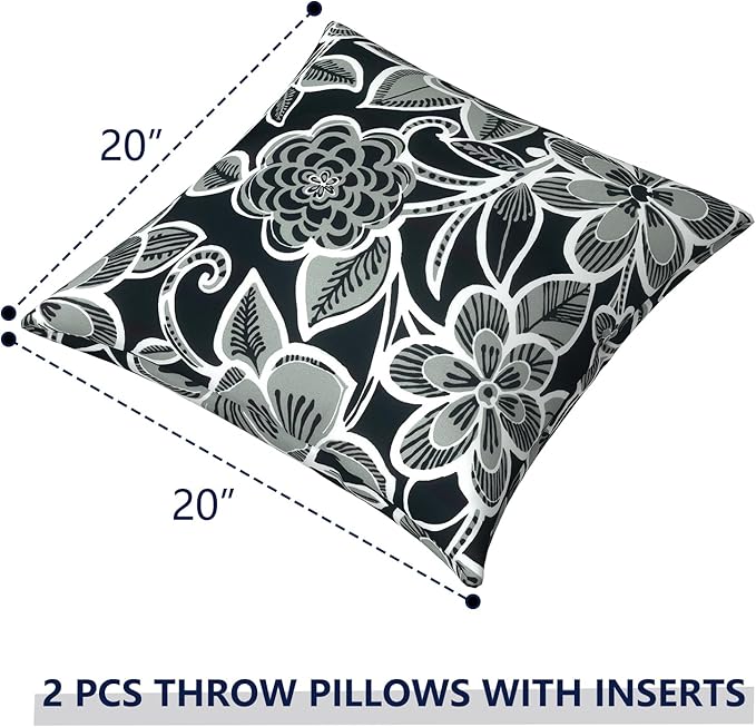 Outdoor Pillows for Patio Furniture 20x20 inch, Square Outdoor Throw Pillows with Inserts, Decorative Patio Pillows for Garden Couch Home Sofa Office Chair, Pack of 2,Flower Black
