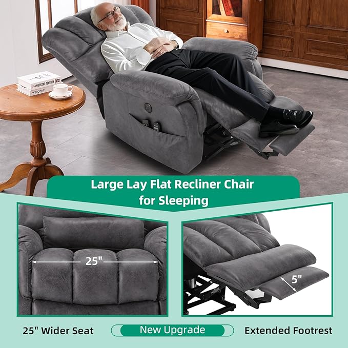 VIVIJASON Tall Man Large Dual Motor Power Lift Recliner Chair with Extended Footrest, Overstuffed Lay Flat Sleeper Electric Recliner W/Heat & Massage, Lumbar Pillow, USB & Type-C Ports, Gray