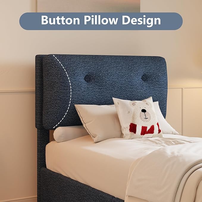 Twin Bed Frames,Breathable Boucle Fabric Upholstered Bed Frame Twin with Headboard,Removable and Washable,Wood Slat Support,No Box Spring Needed,Easy Assembly,Cama Individual,Navy Blue