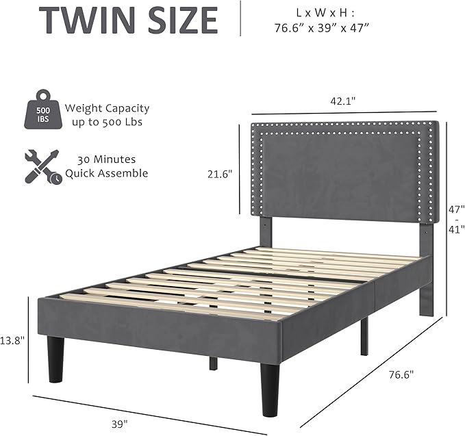 VECELO Twin Size Platform Bed Frame with Adjustable Upholstered Headboard, Strong Wood Slat Support, No Box Spring Needed, Easy Assembly