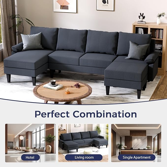 U Shaped Sectional Couch, Convertible Modular Sectional Sofa with Chaise & Ottomans, Modern 6 Seat U Shaped Couches for Living Room Apartment, Blue