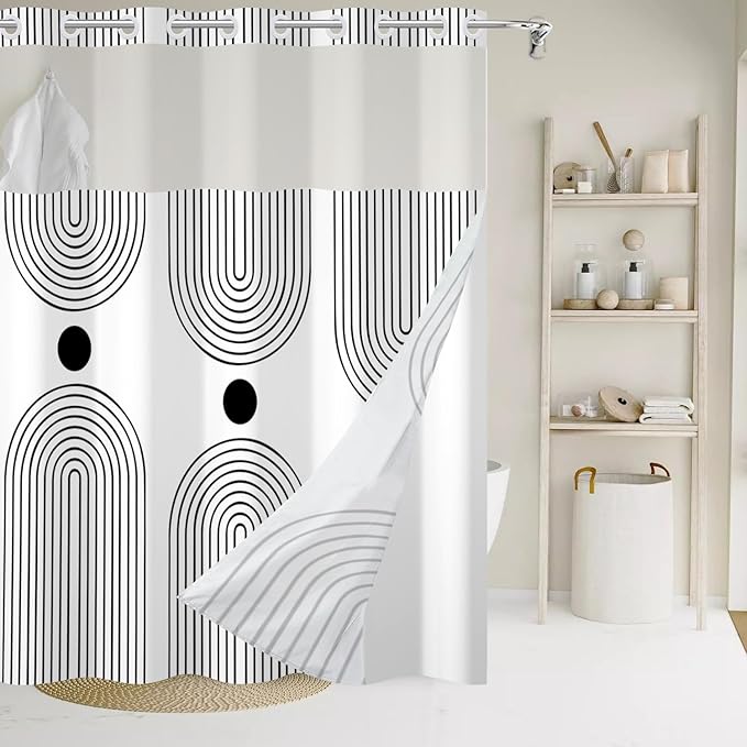 No Hook Shower Curtain with Snap in Liner, White and Black Mid Century Modern Arch Heavy Duty See Through Window Waterproof Machine Washable Bathroom Curtain 71" W x 74" L (Pack of 1)