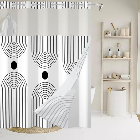 No Hook Shower Curtain with Snap in Liner, White and Black Mid Century Modern Arch Heavy Duty See Through Window Waterproof Machine Washable Bathroom Curtain 71" W x 74" L (Pack of 1)