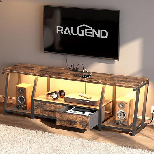 LED TV Stand with Fabric Drawers for 75 Inch TV, Entertainment Center with Power Outlets and Open Storage Shelves, Industrial Media TV Console Table for Living Room, Bedroom, Rustic Brown