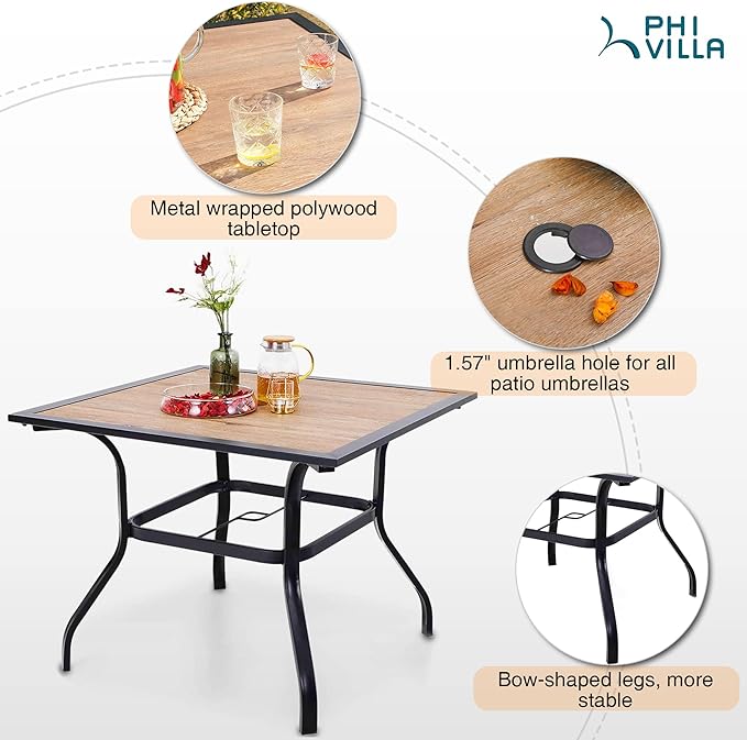 PHI VILLA Outdoor Conversation Set of 5 Piece Patio Furniture Dining Set for 4 Metal Chair Dining Table Set Modern Patio Wood-Like Table with Umbrella Hole for Outdoor Garden,Patio,Yard,Bistro