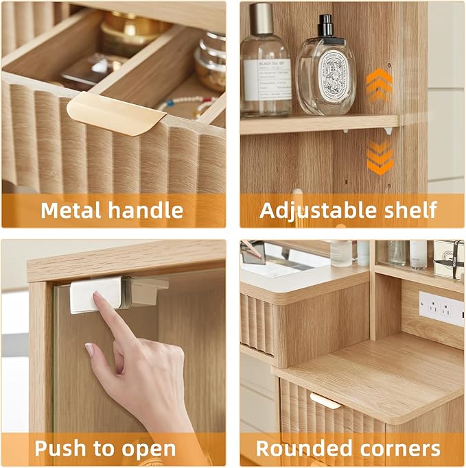 LEYAOYAO Vanity Desk with Mirror and Lights, 43.5'' Fluted Makeup Vanity with 6 Drawers and Adjustable Shelves, Glass Top Make Up Vanity, Girls Wood Dressing Table with Power Outlet for Bedroom