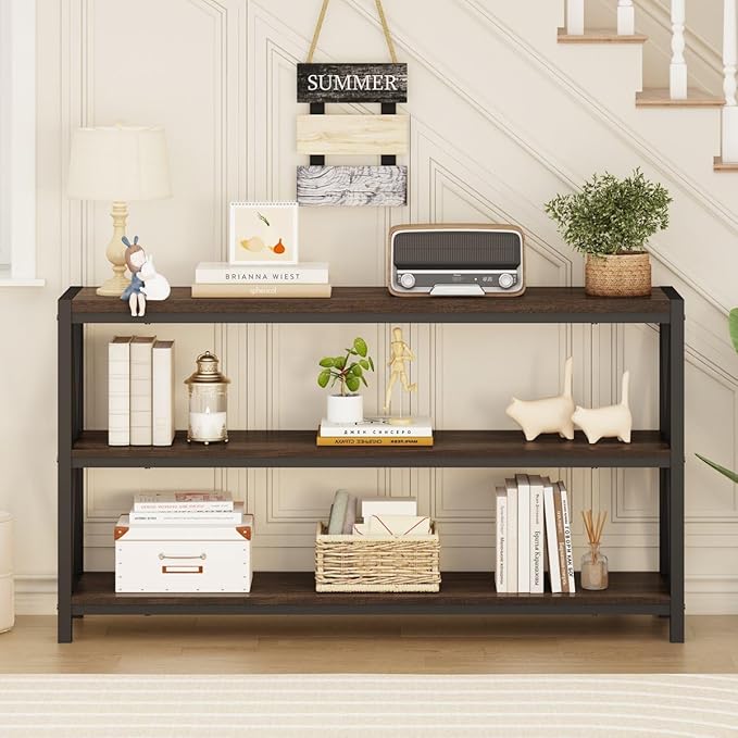 FATORRI Console Table for Entryway, Modern Entry Table with 3 Tier Shelves, Couch Tables Behind Sofa for Living Room (55 Inch, Dark Walnut)