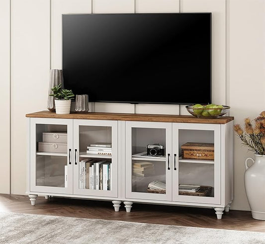WAMPAT Farmhouse TV Stand for 75 inch TV with 4 Glass Doors, Wood Universal TV Stand with 4 Storage Cabinets, White Entertainment Center TV Console Table for Living Room, Bedroom