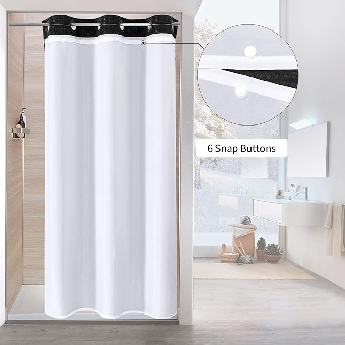 MitoVilla Black Waffle Small Stall Shower Curtain 36 x 74, No Hooks Required Half Size Narrow Fabric Cloth Shower Curtain Set with Snap-in Liner for Modern Bathroom Decor