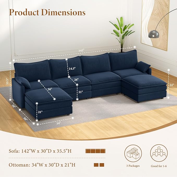 Vesgantti 142" U Shaped Sectional Couch, Comfy Cloud Modular Sectional Sofa with 2 Ottoman Deep Seat Chenille Modern Cloud Sofa, Modular Sofas for Living Room, Bedroom and Apartment, Blue