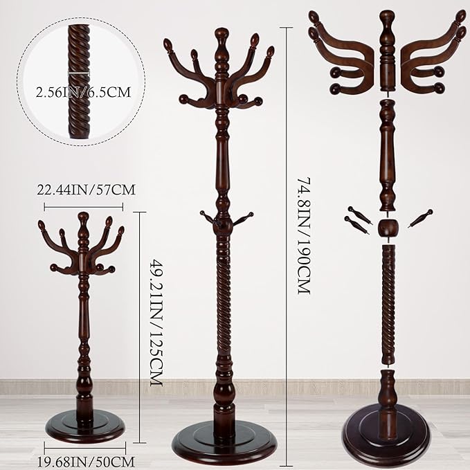 Coat Rack Stand, Solid Wooden Coat Tree with 11 Hooks, Heavy Duty Coat Rack Freestanding with Sturdy Round Base, Natural Birch Wood Coat Hanger Stand for Entryway Bedroom (Circular)