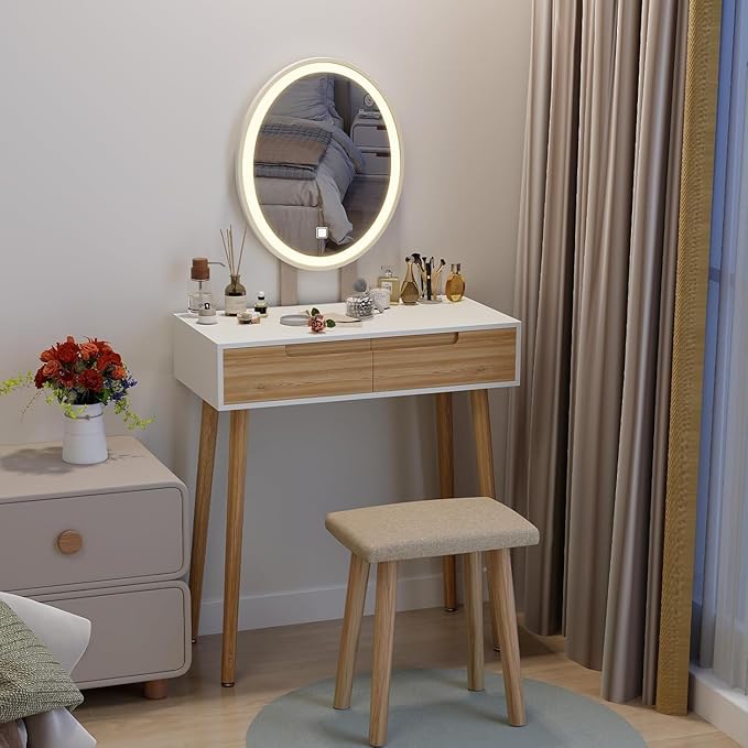 YOURLITE Makeup Vanity Desk with Lights, Small Vanity with Adjustable Brightness Mirror for Small Spaces, Dressing Table with Drawers 27.5", Oval Mirror Wood