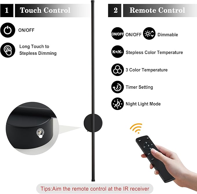 Battery Operated Modern Wall Sconces, Dimmable Wireless Wall Light Set of Two with Remote Control, 3 Color Temperatures, Rechargeable LED Wall Sconce for Bedroom, Living Room, Hallway, 39.3 Inch Black