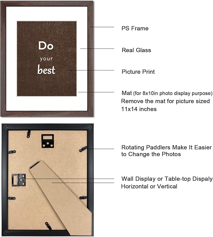11x14 Picture Frame Set of 3 with Real Glass for Pictures 8x10 with Mat or 11x14 Without Mat, Wall Gallery or Tabletop display Photo Frames in Walnut