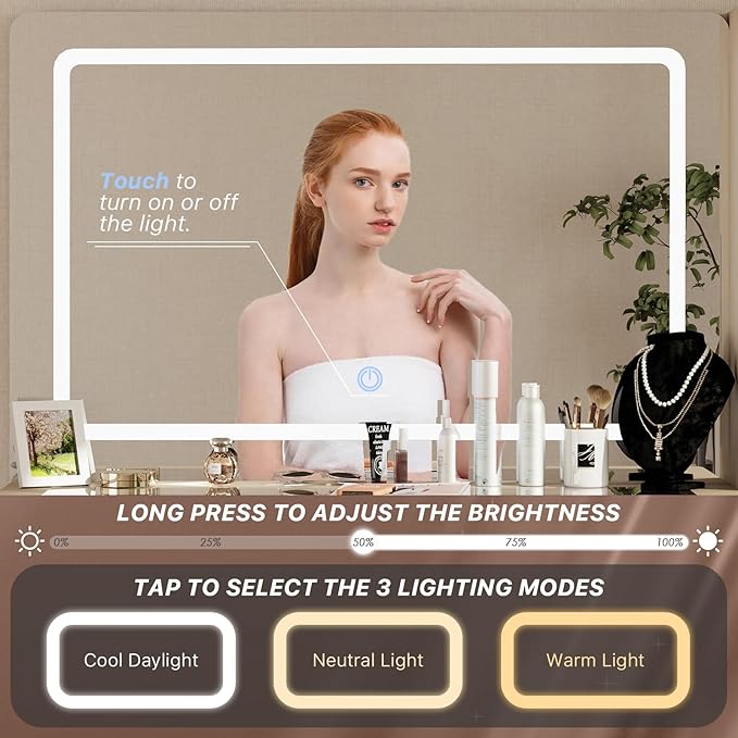 48" Fluted Makeup Vanity Desk with 36" Mirror and 3 Modes Lights, Glass Top Dressing Table with Jewelry Organizer Cabinet, Storage Cabinet, 3 Drawers, Charging Station for Bedroom, Oak