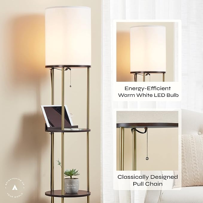 ATAMIN Modern Floor Lamp with Shelves and Fast Charging Ports – USB-C, USB, Wireless Charging, and Compact Storage Shelf Lamp for Connected Living