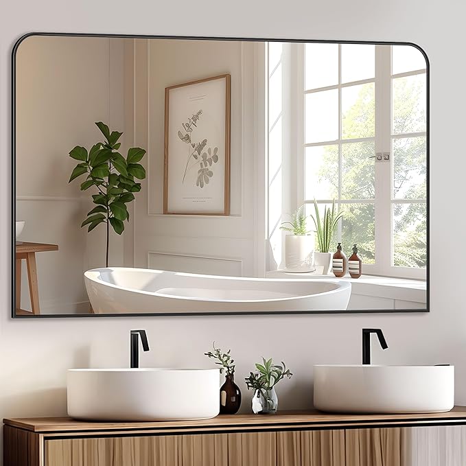 Bathroom Mirror, Wall Mirrors, Black Metal Framed Wall-Mounted Mirrors, Bathroom Vanity Mirror for Over Sink, Living Room, Bedroom, Entryway, 48x30 Inch, Black