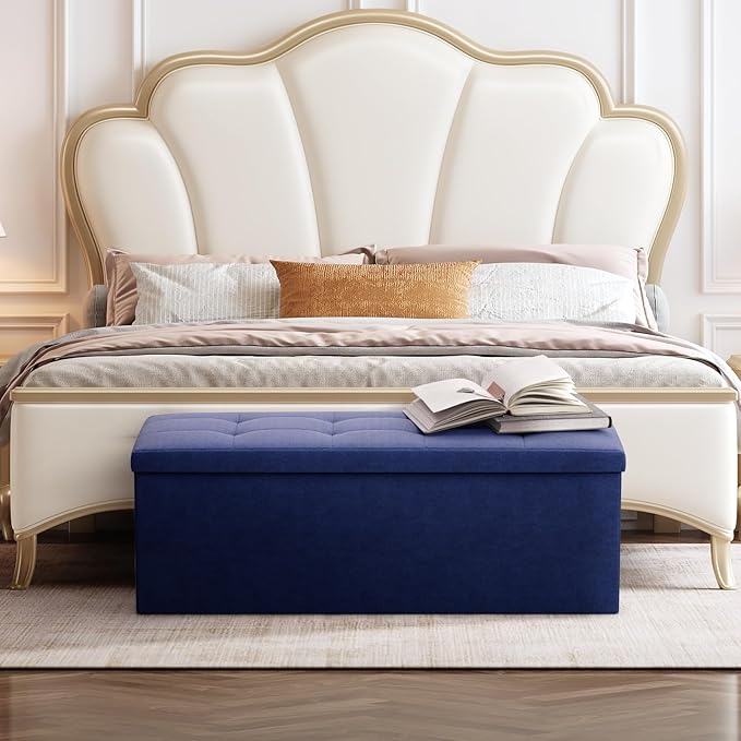 Storage Ottoman Bench, 43 Inch Ottoman Foot Rest, End of Bed Bench, Storage Chest, Load 700 lb, for Living Room, Bedroom, Entryway, Navy Blue