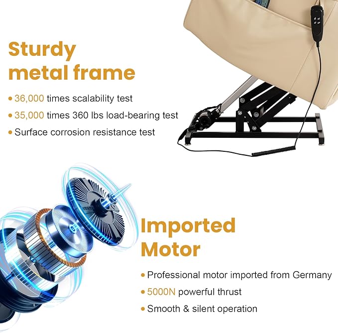 PARKOL Large Genuine Infinite Position Leather Power Lay Flat Lift Studded Recliner Chairs for Elderly, Dual Motor with Massage and Heating,Extended Footrest, USB&Type-C Port Remote,Cup Holder, Beige